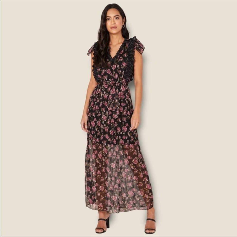 Foxiedox Anaise Floral Print Sheer Flutter Sleeve Maxi Dress, NWT, Small